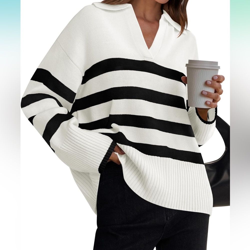 NWT Women's Winter Sweaters Lapel V Neck Long Sleeve Striped Chunky Knit Oversiz